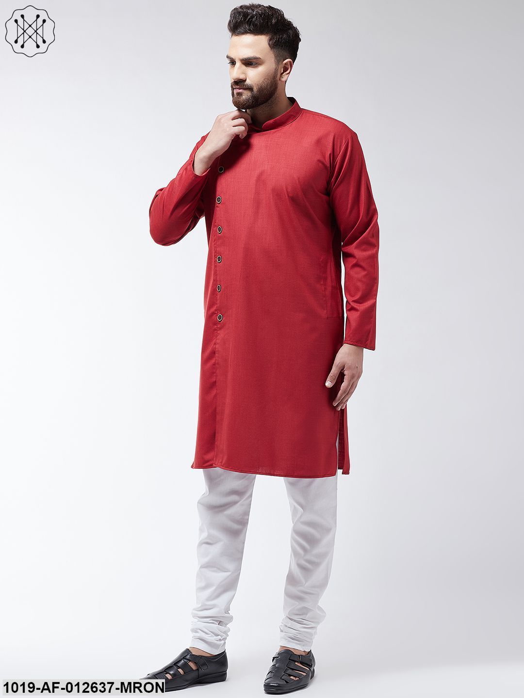 Men's Cotton Maroon Solid Kurta & White Churidar Pyjama Set