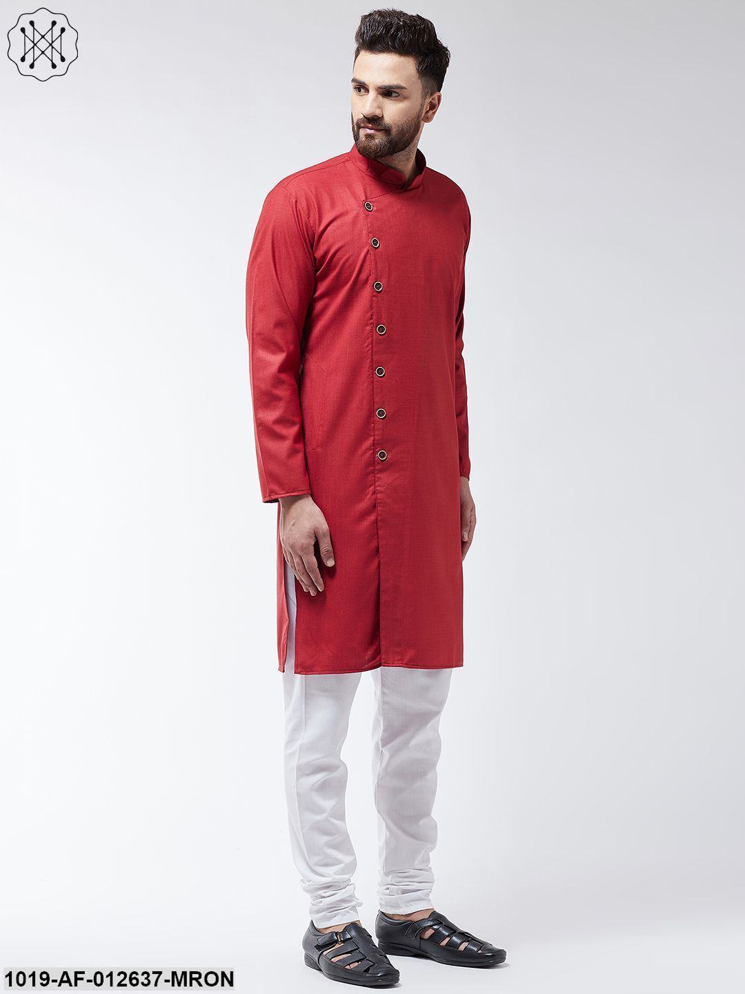 Men's Cotton Maroon Solid Kurta & White Churidar Pyjama Set