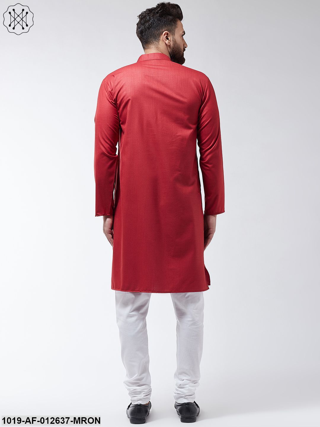 Men's Cotton Maroon Solid Kurta & White Churidar Pyjama Set