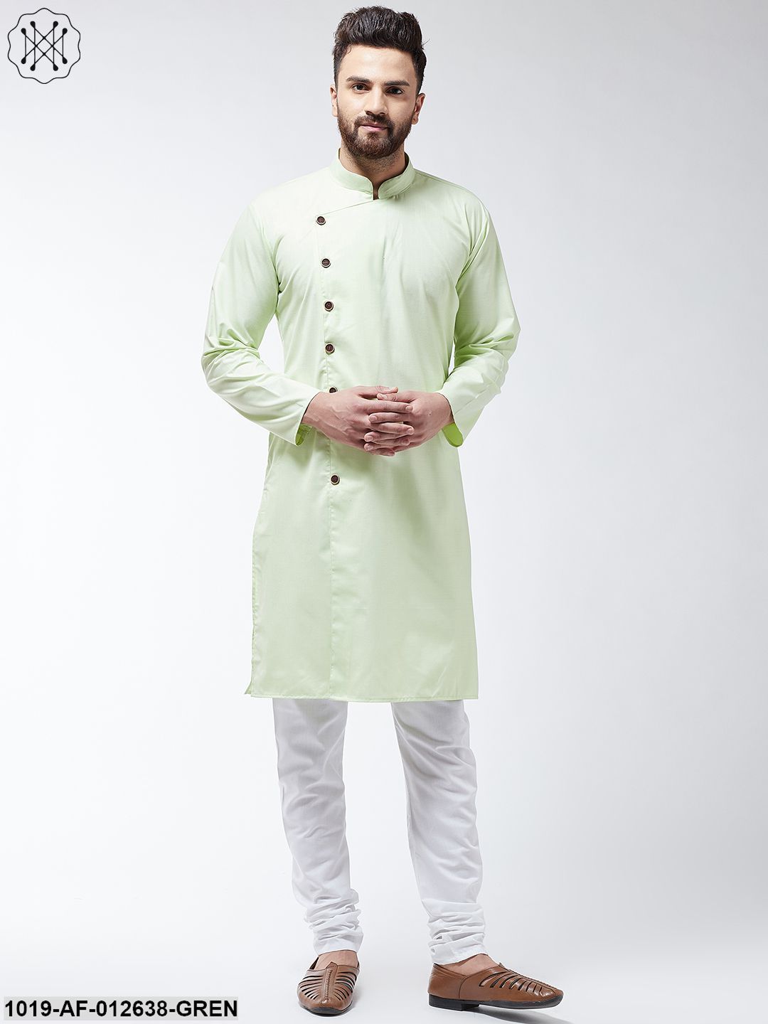 Men's Cotton Light Green Solid Kurta & White Churidar Pyjama Set