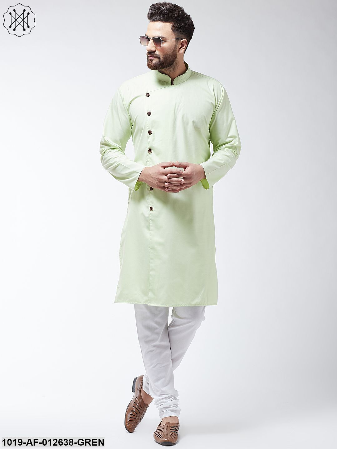 Men's Cotton Light Green Solid Kurta & White Churidar Pyjama Set