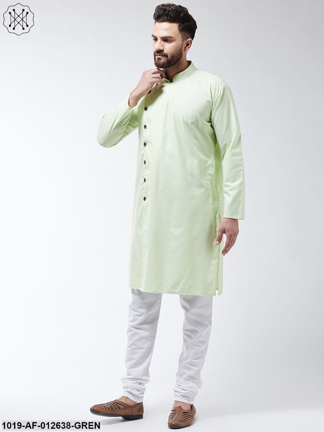 Men's Cotton Light Green Solid Kurta & White Churidar Pyjama Set