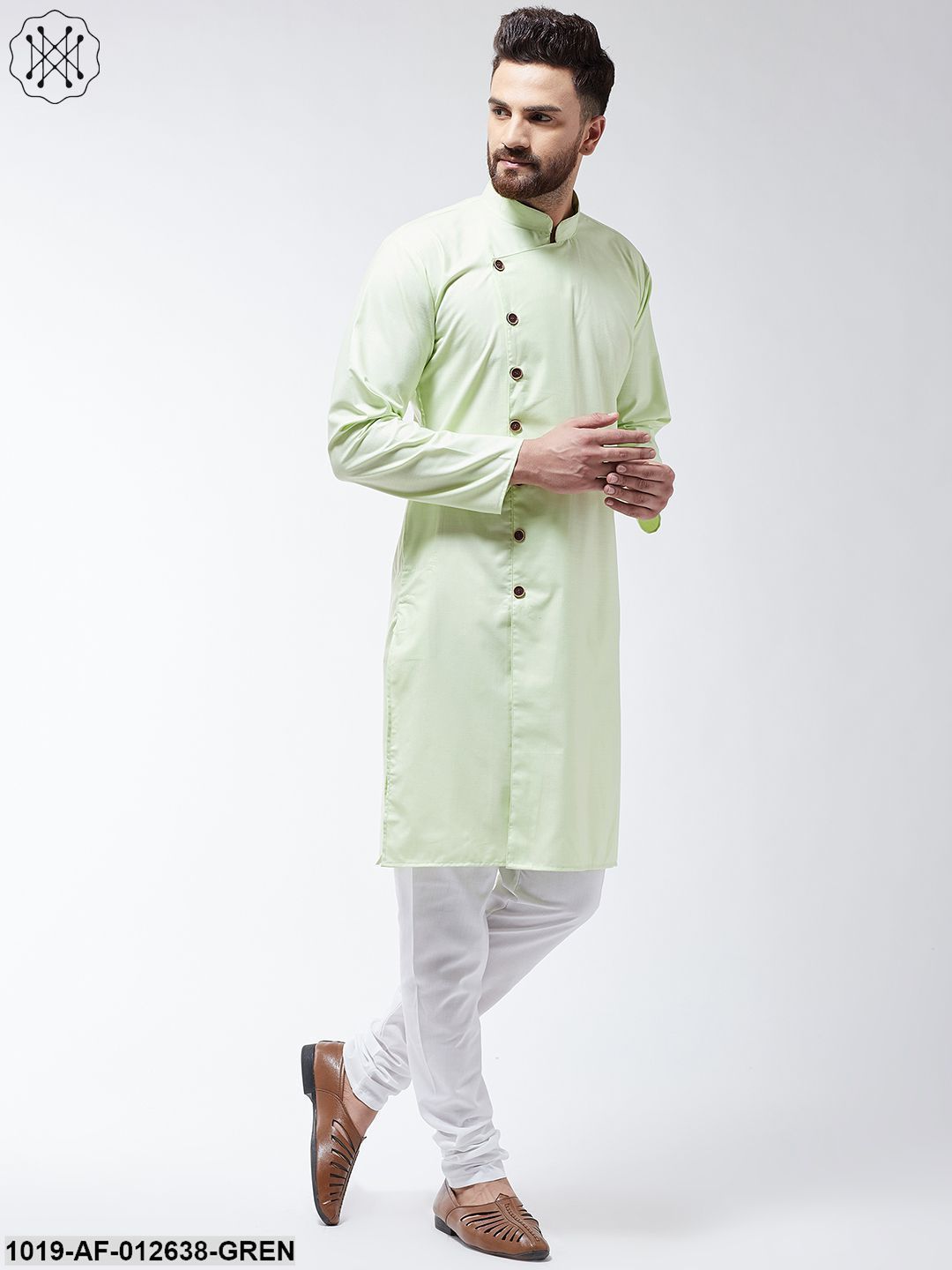 Men's Cotton Light Green Solid Kurta & White Churidar Pyjama Set