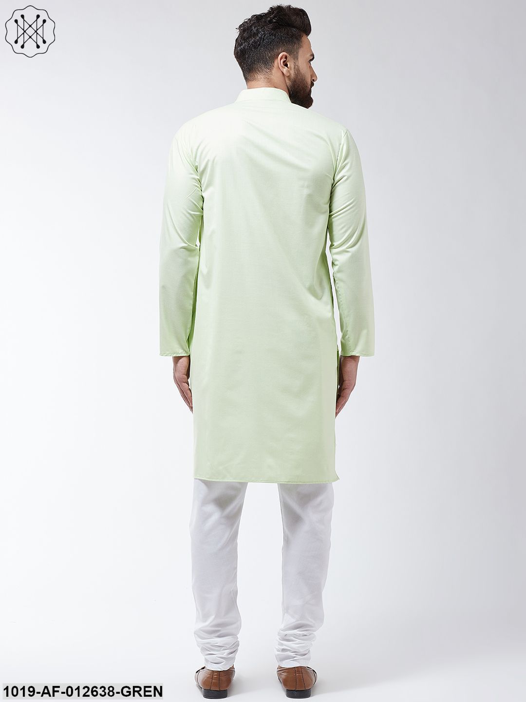 Men's Cotton Light Green Solid Kurta & White Churidar Pyjama Set