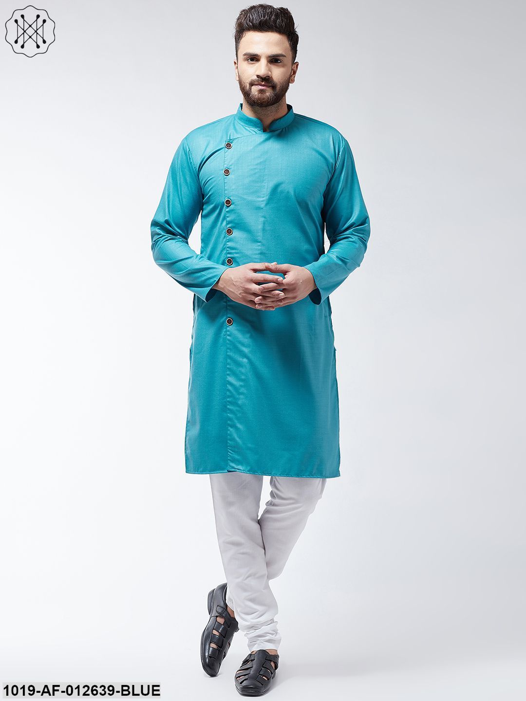 Men's Cotton Peacock Blue Solid Kurta & White Churidar Pyjama Set