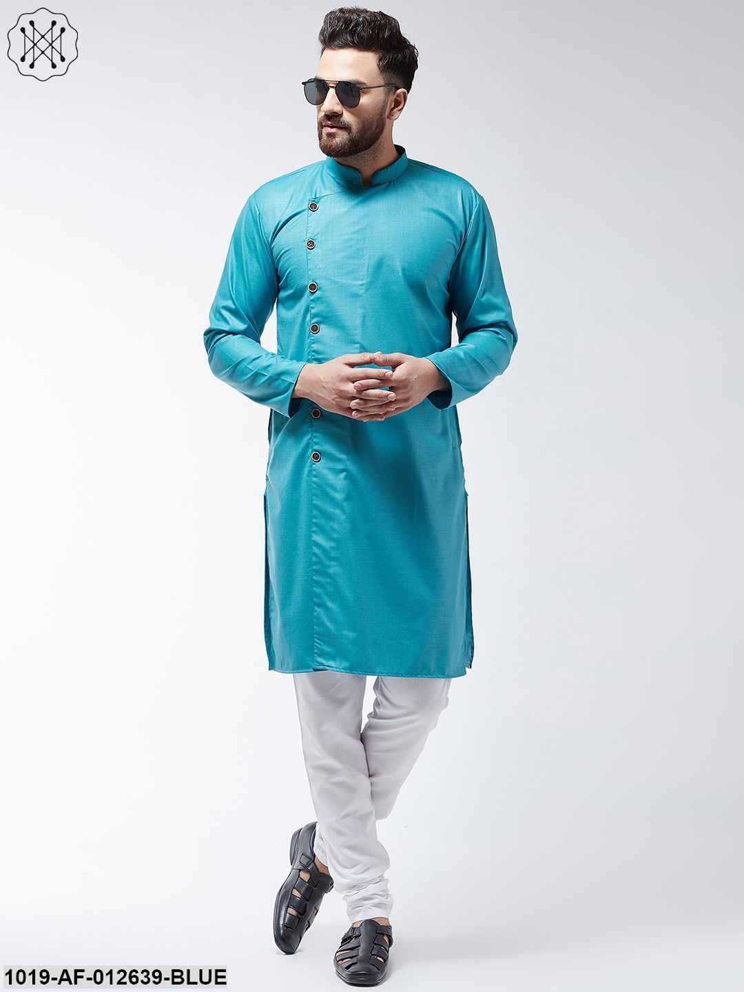Men's Cotton Peacock Blue Solid Kurta & White Churidar Pyjama Set
