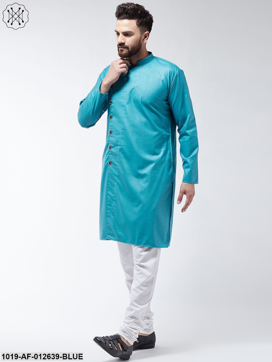 Men's Cotton Peacock Blue Solid Kurta & White Churidar Pyjama Set