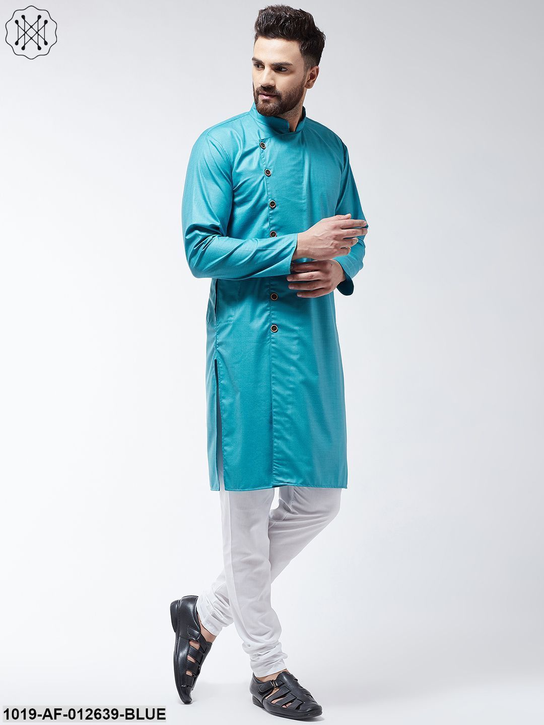 Men's Cotton Peacock Blue Solid Kurta & White Churidar Pyjama Set