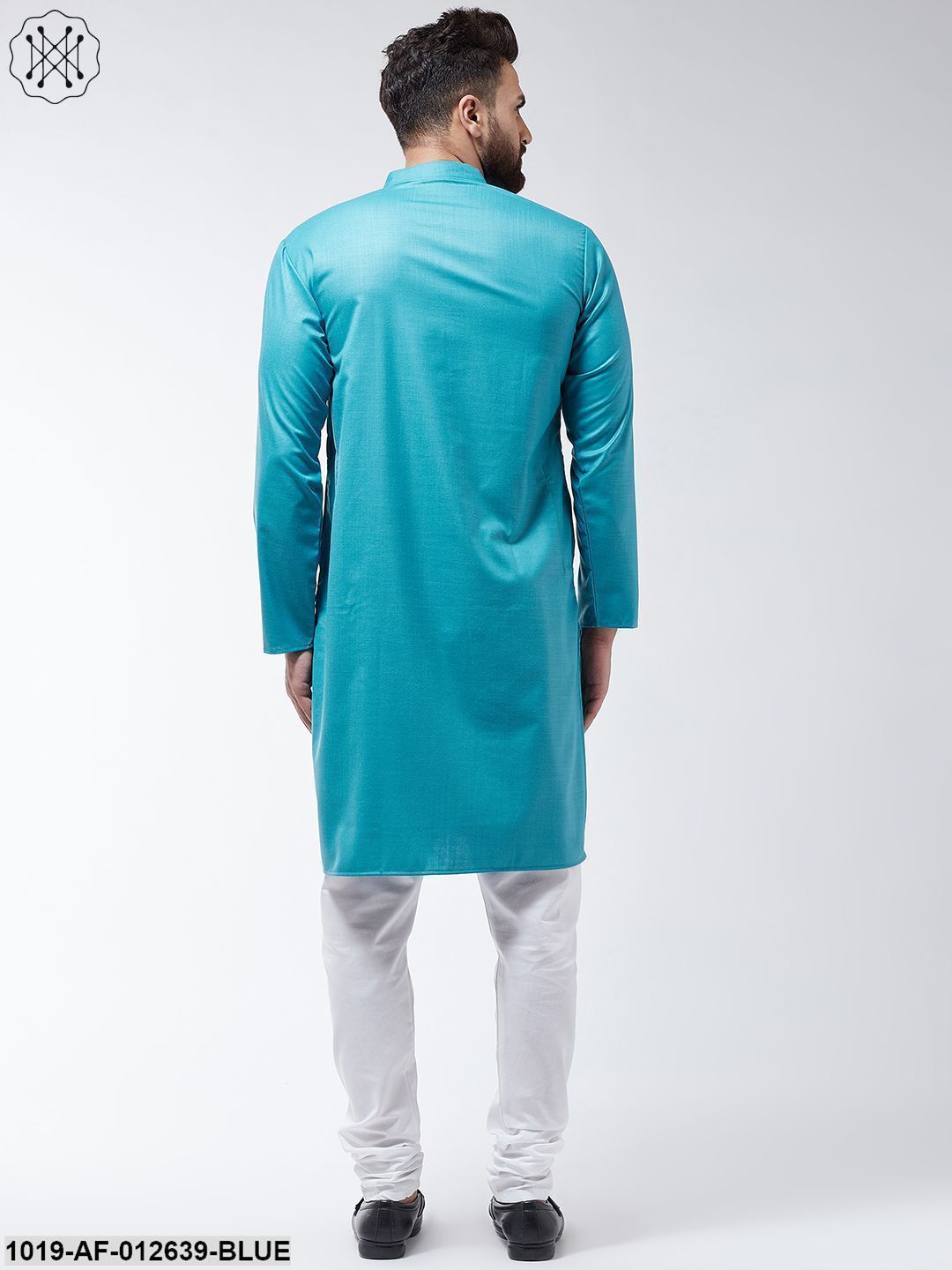 Men's Cotton Peacock Blue Solid Kurta & White Churidar Pyjama Set