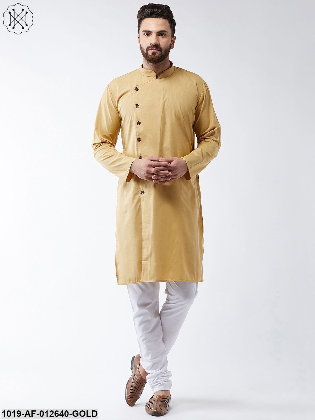 Men's Cotton Gold Solid Kurta & White Churidar Pyjama Set