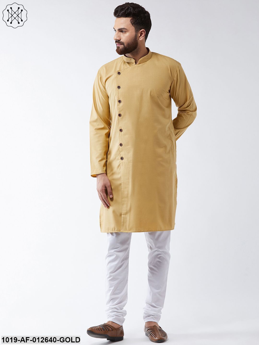 Men's Cotton Gold Solid Kurta & White Churidar Pyjama Set