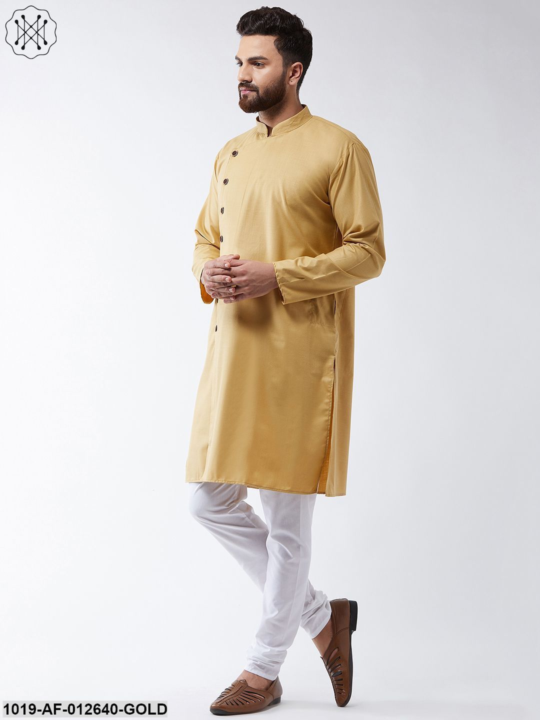 Men's Cotton Gold Solid Kurta & White Churidar Pyjama Set
