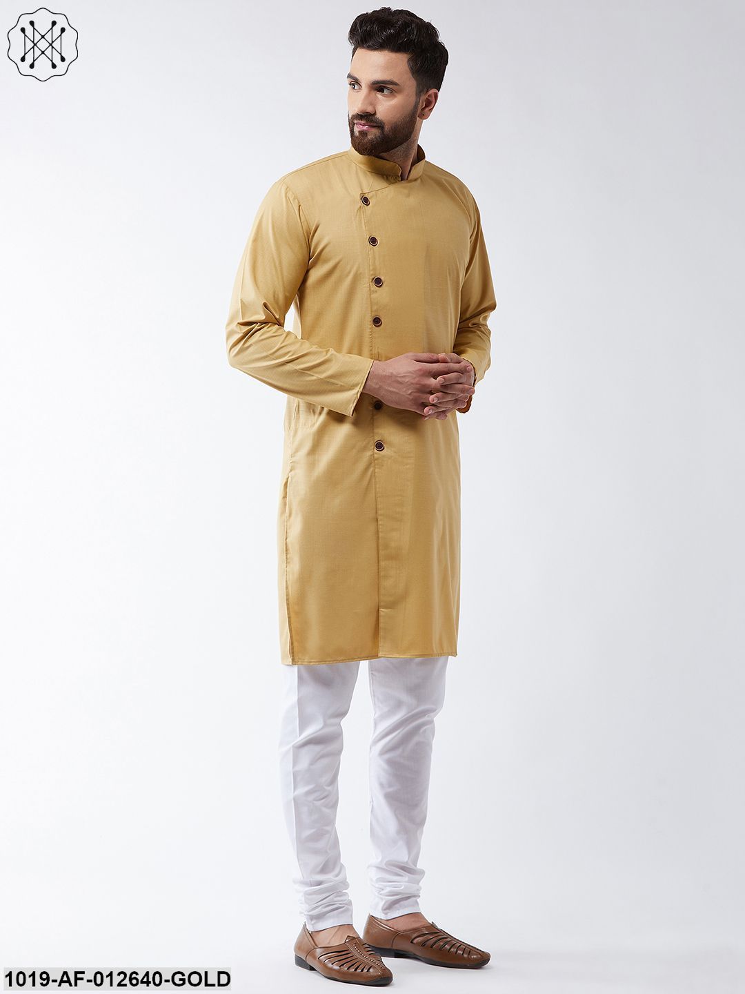 Men's Cotton Gold Solid Kurta & White Churidar Pyjama Set