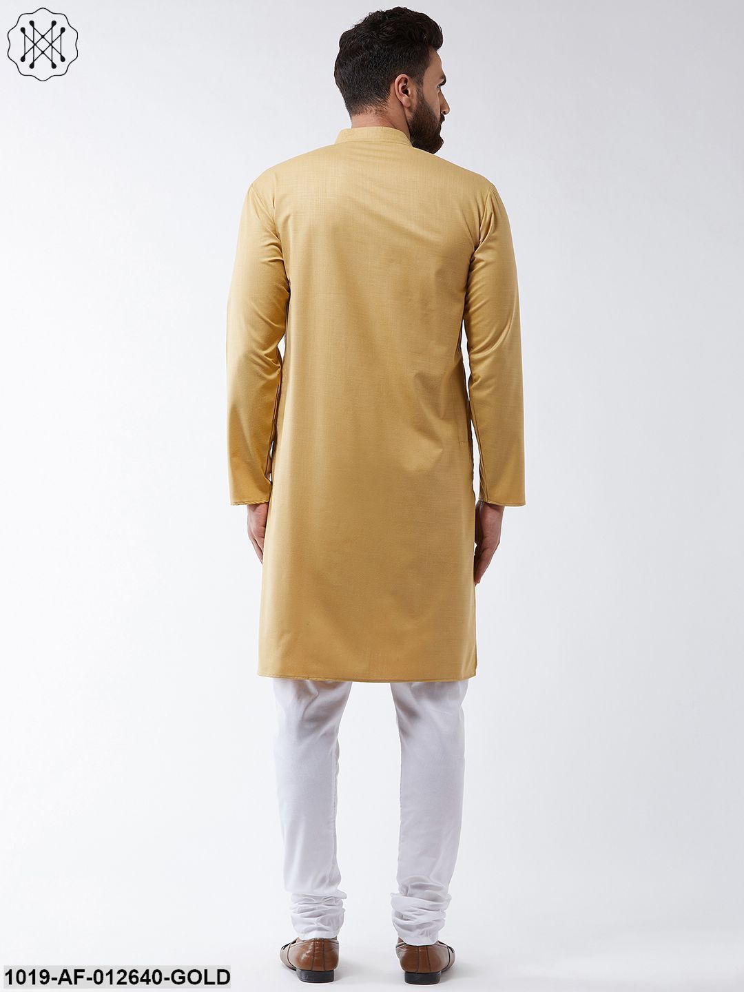 Men's Cotton Gold Solid Kurta & White Churidar Pyjama Set
