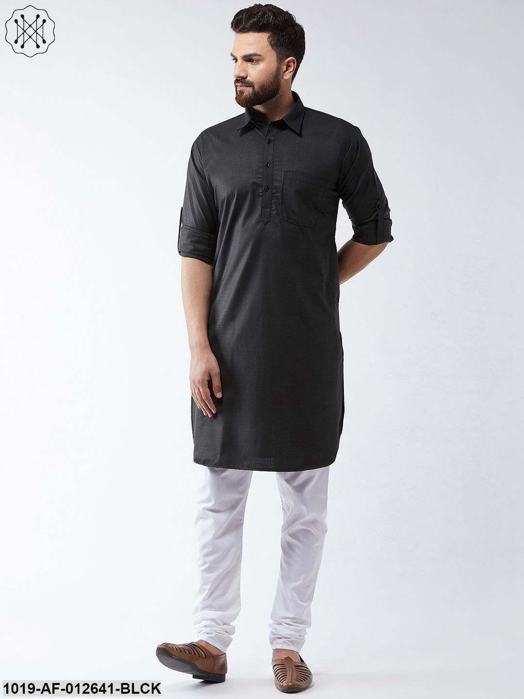 Men's Cotton Black Solid Pathani Kurta & White Churidar Pyjama Set