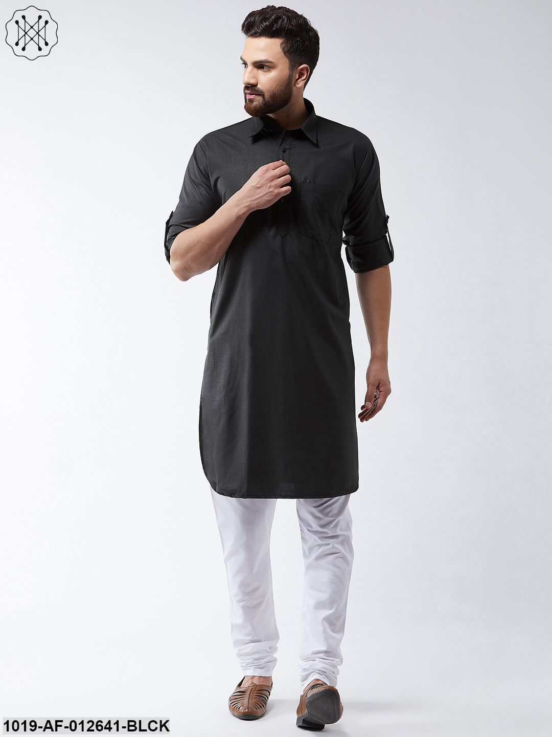 Men's Cotton Black Solid Pathani Kurta & White Churidar Pyjama Set