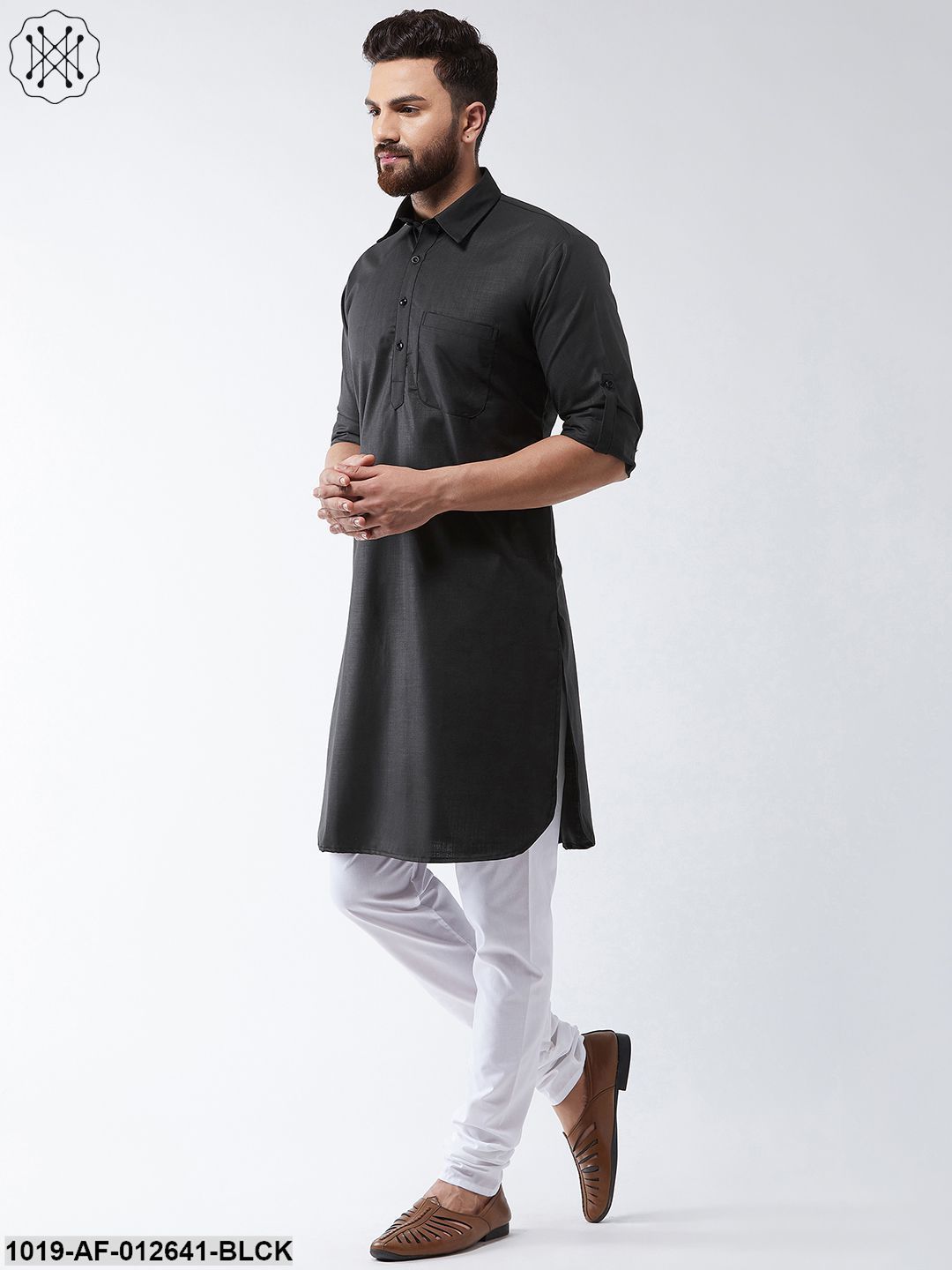 Men's Cotton Black Solid Pathani Kurta & White Churidar Pyjama Set