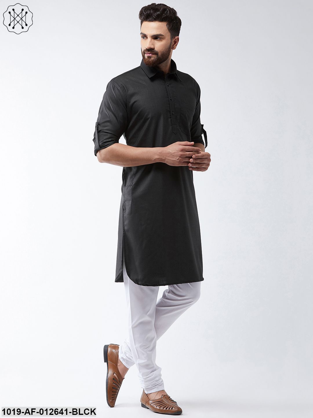 Men's Cotton Black Solid Pathani Kurta & White Churidar Pyjama Set
