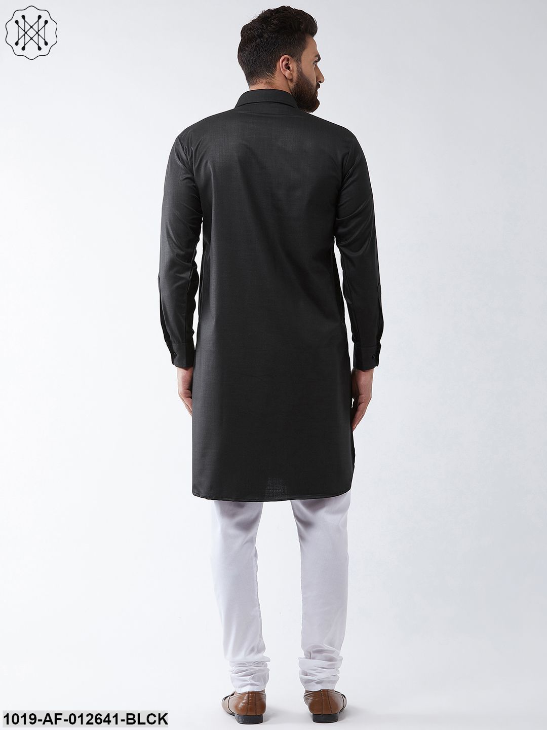 Men's Cotton Black Solid Pathani Kurta & White Churidar Pyjama Set