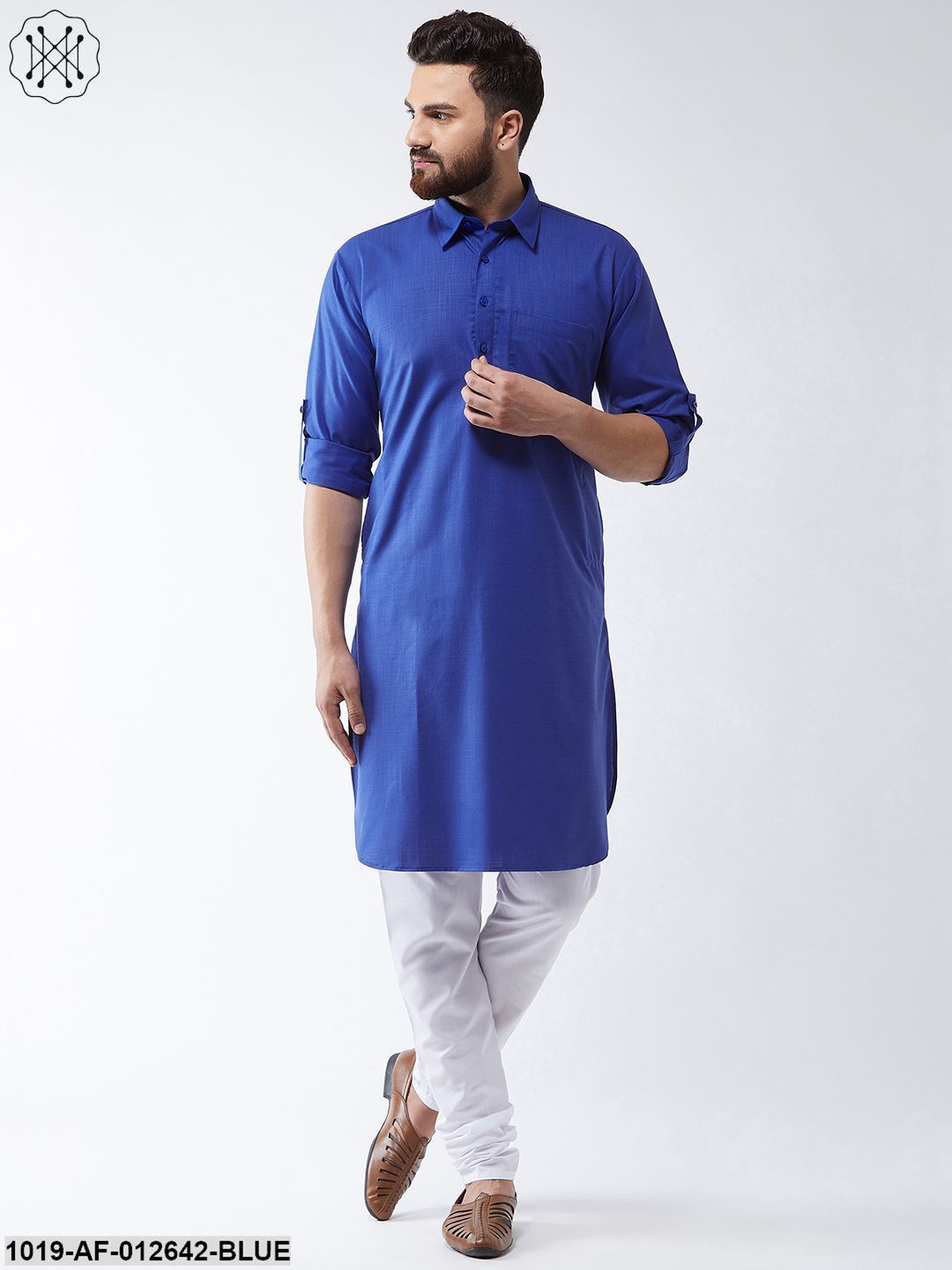 Men's Cotton Royal Blue Solid Pathani Kurta & White Churidar Pyjama Set