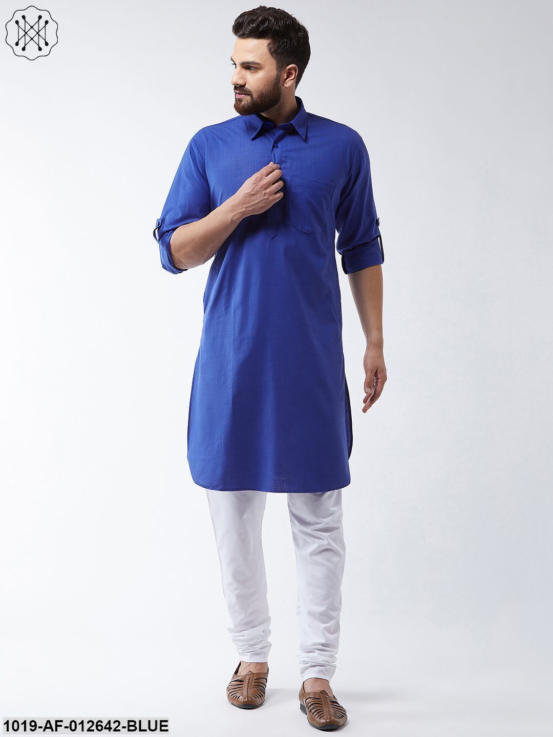 Men's Cotton Royal Blue Solid Pathani Kurta & White Churidar Pyjama Set