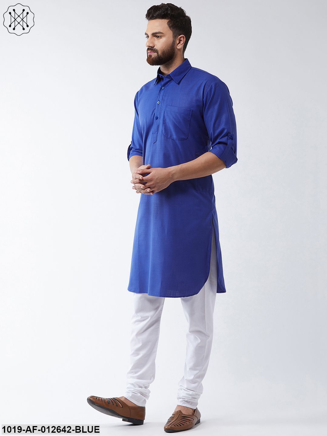 Men's Cotton Royal Blue Solid Pathani Kurta & White Churidar Pyjama Set