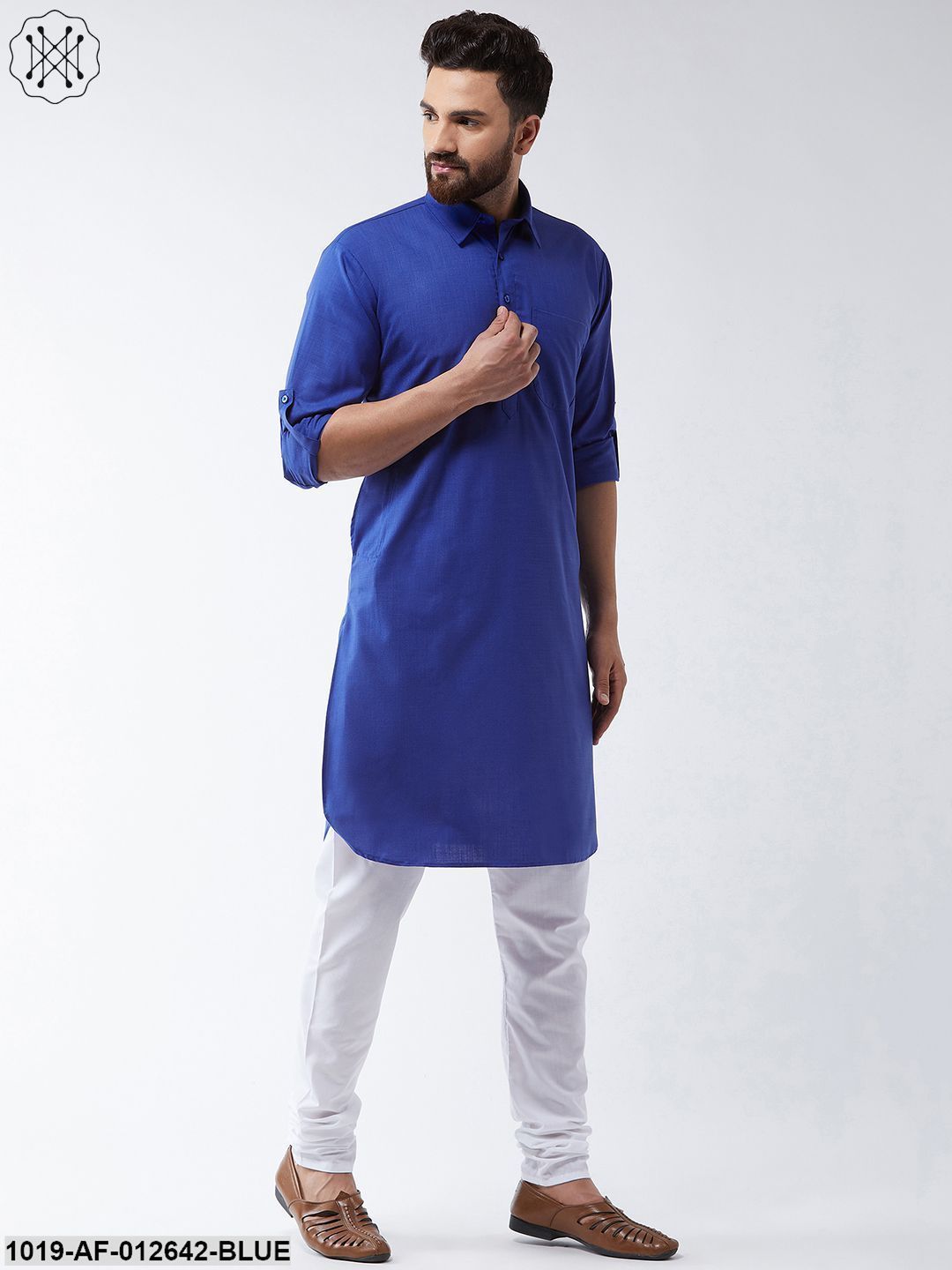 Men's Cotton Royal Blue Solid Pathani Kurta & White Churidar Pyjama Set