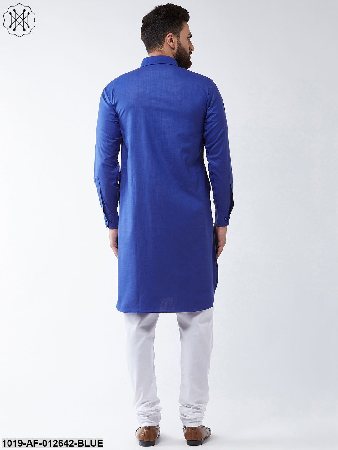 Men's Cotton Royal Blue Solid Pathani Kurta & White Churidar Pyjama Set