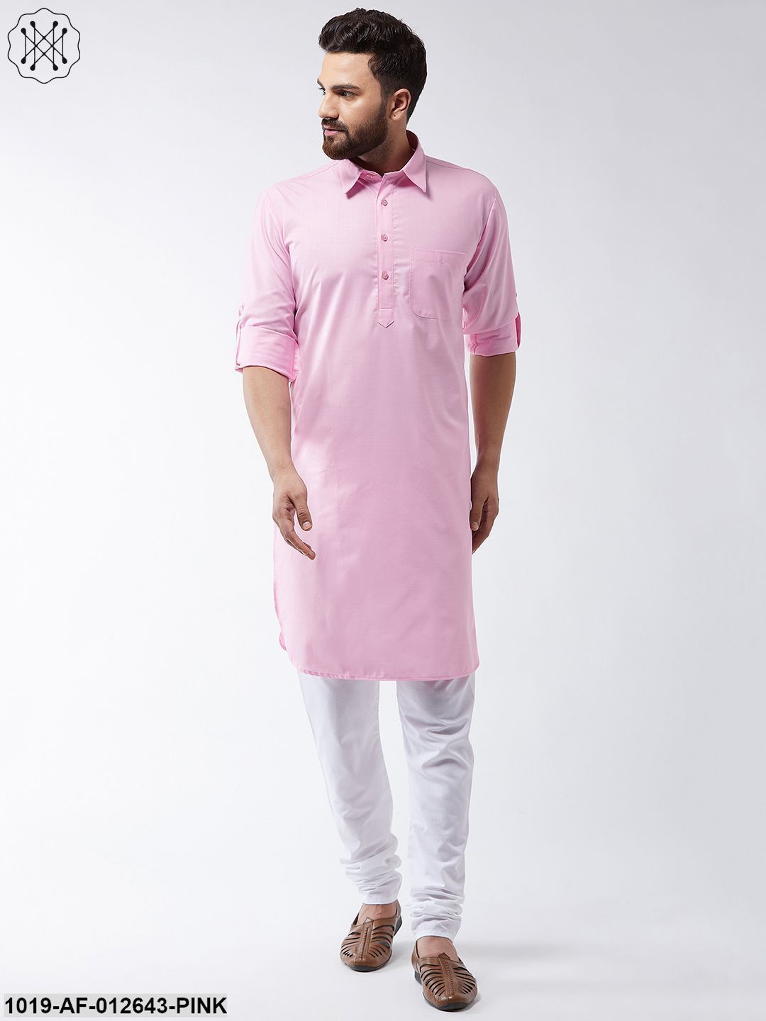 Men's Cotton Pink Solid Pathani Kurta & White Churidar Pyjama Set