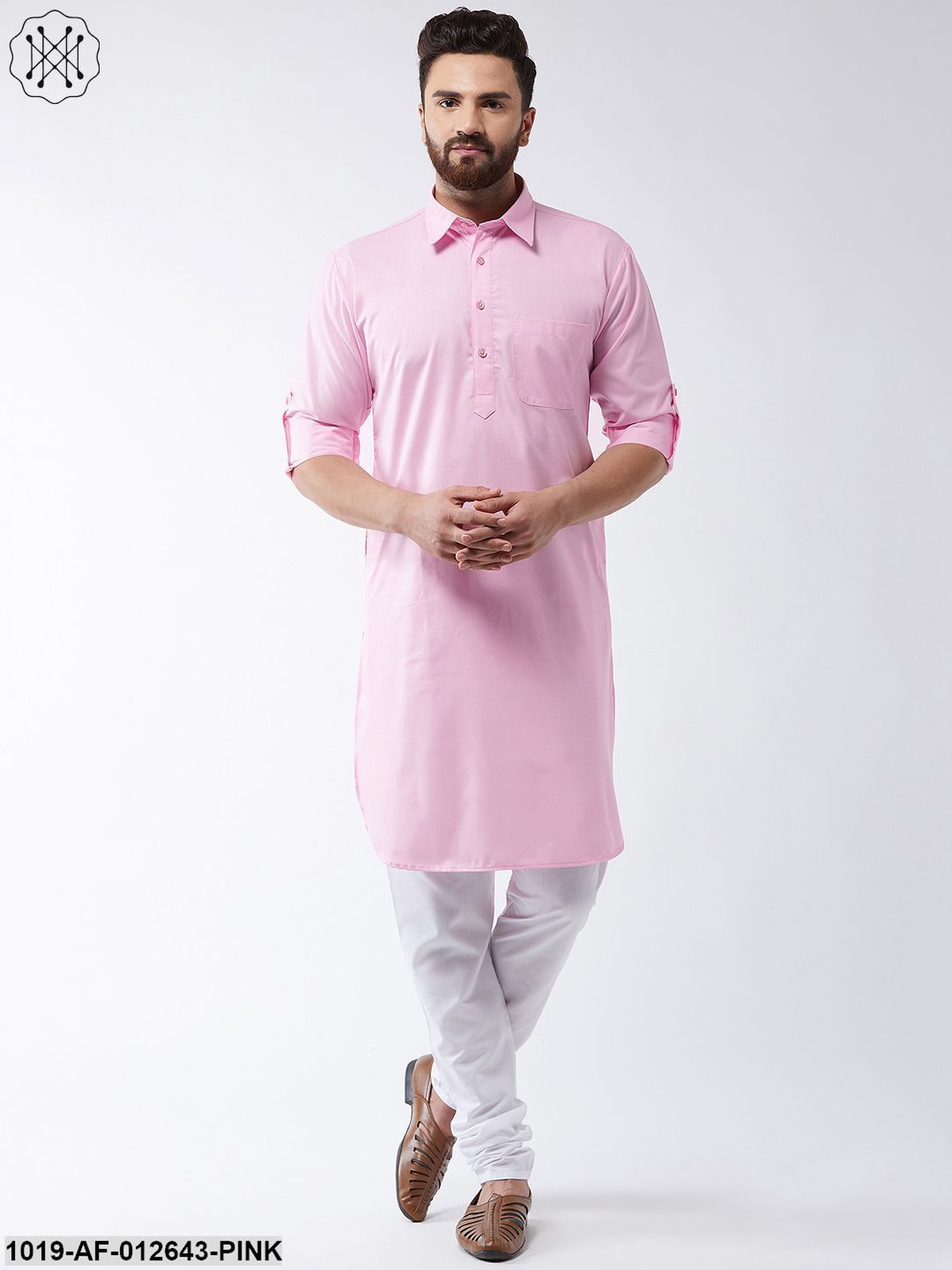 Men's Cotton Pink Solid Pathani Kurta & White Churidar Pyjama Set