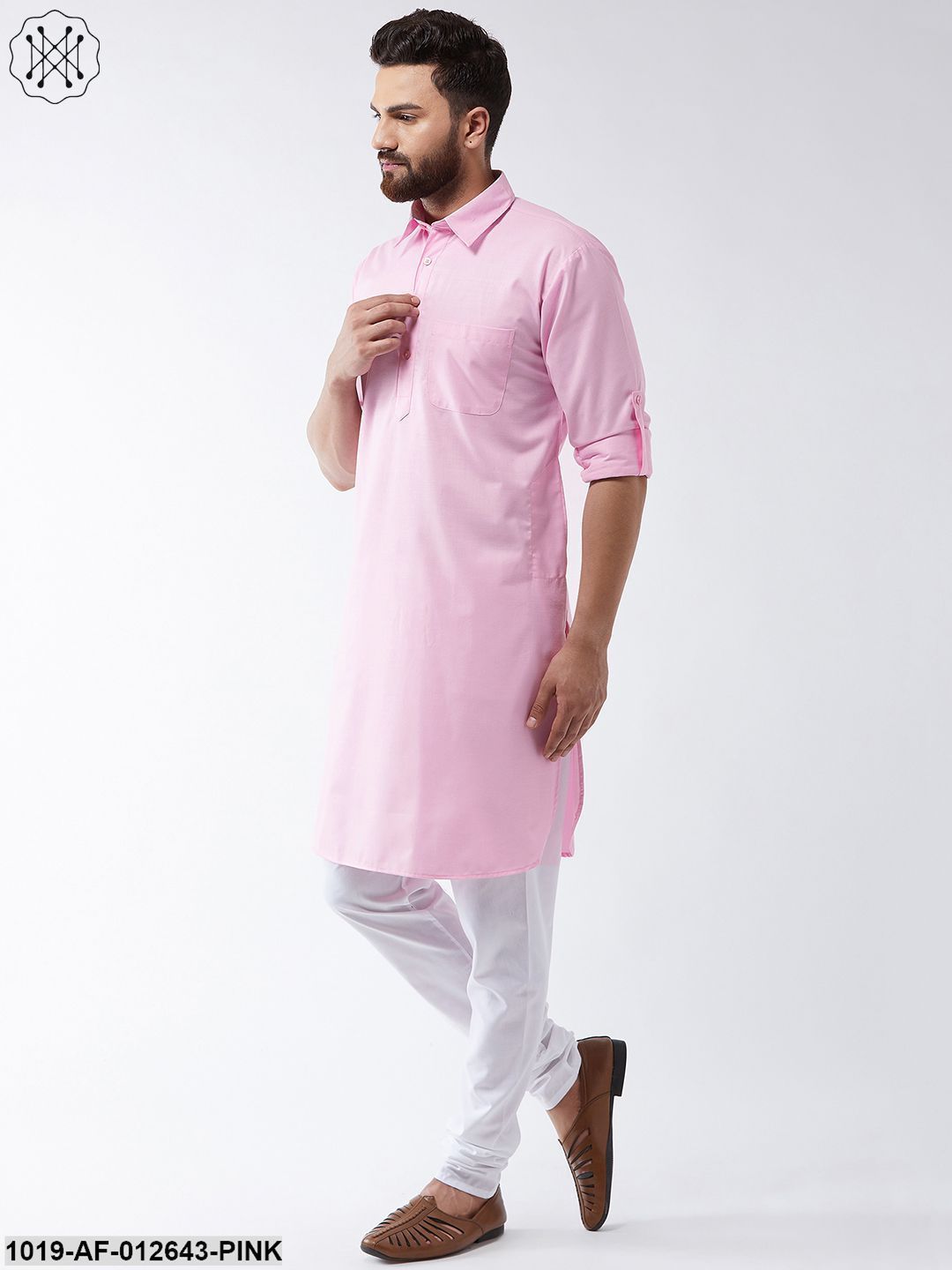 Men's Cotton Pink Solid Pathani Kurta & White Churidar Pyjama Set