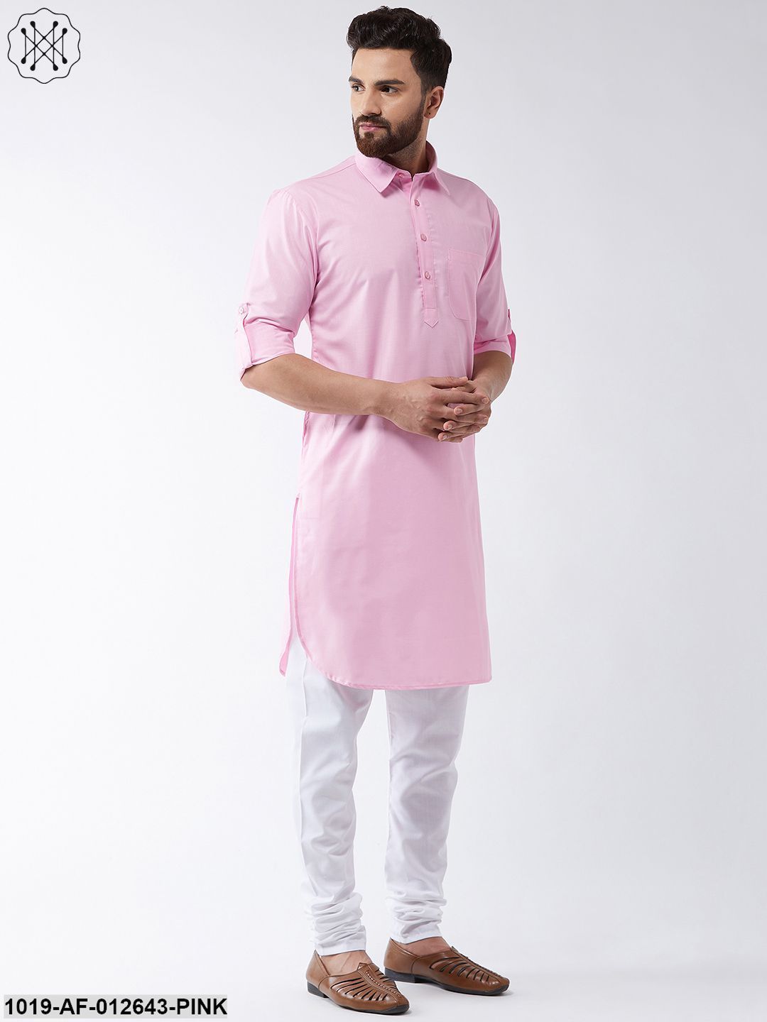 Men's Cotton Pink Solid Pathani Kurta & White Churidar Pyjama Set
