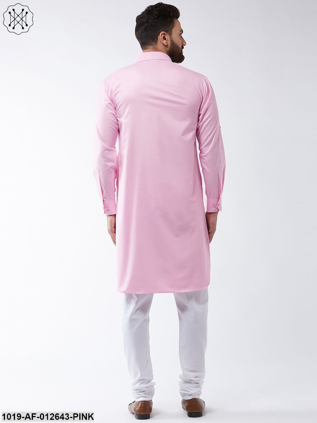 Men's Cotton Pink Solid Pathani Kurta & White Churidar Pyjama Set