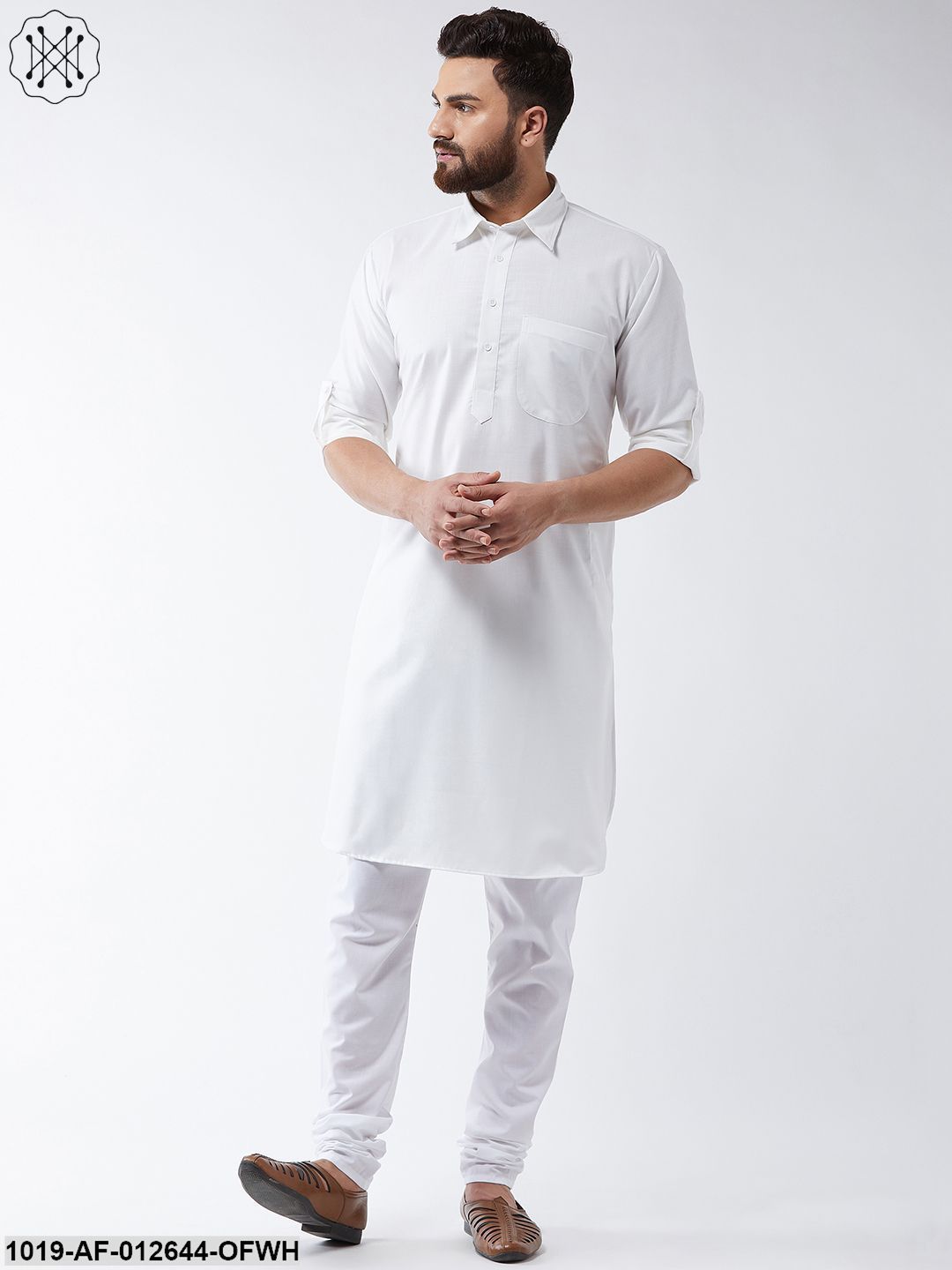 Men's Cotton Off White Solid Pathani Kurta & White Churidar Pyjama Set
