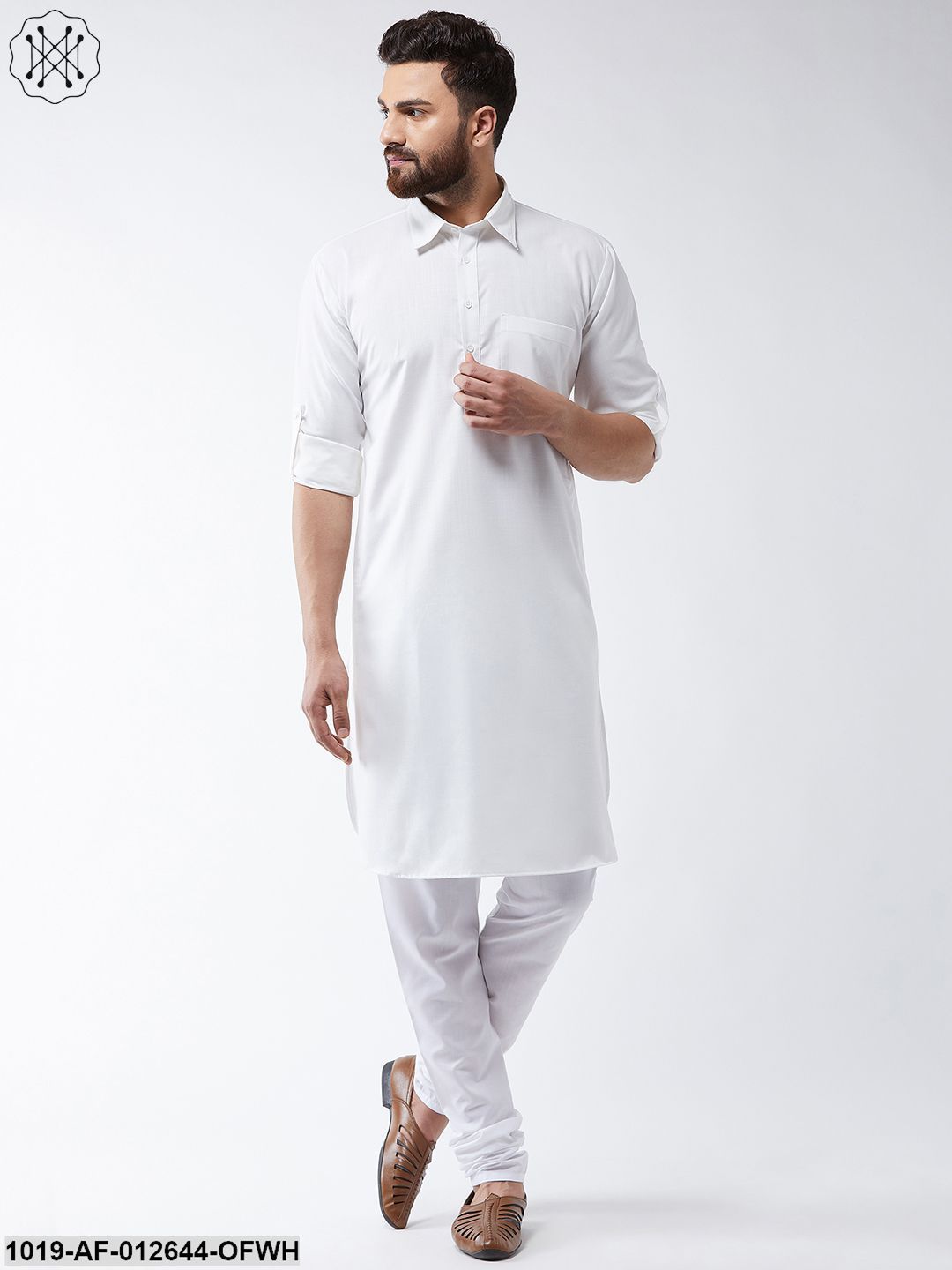 Men's Cotton Off White Solid Pathani Kurta & White Churidar Pyjama Set