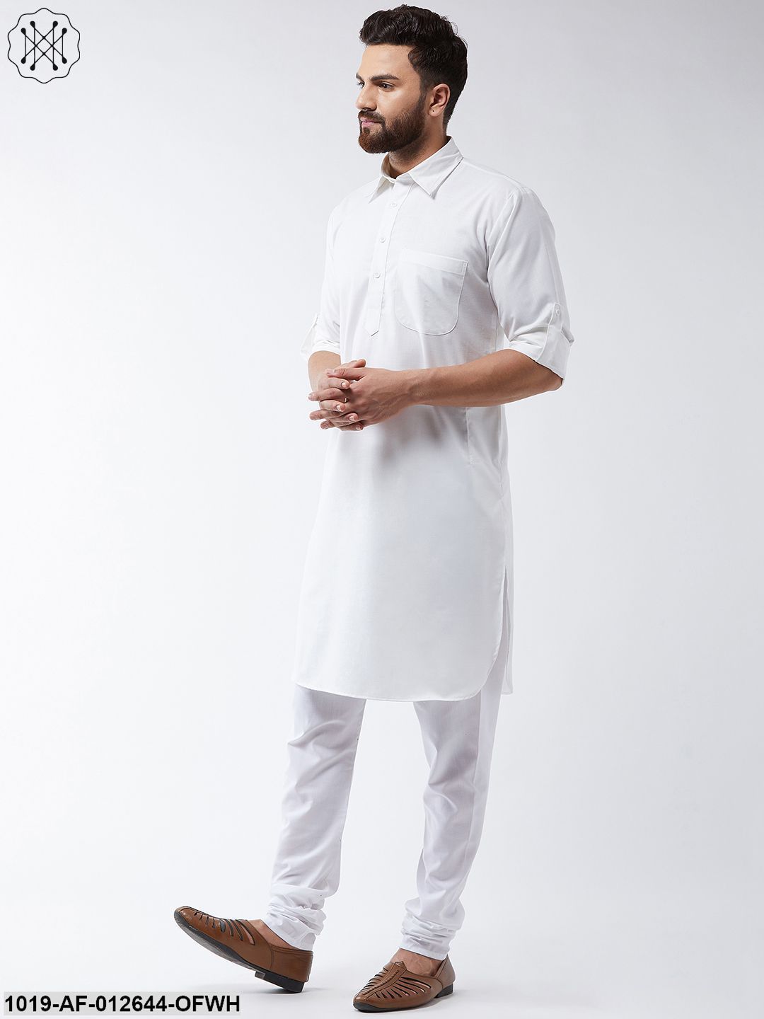 Men's Cotton Off White Solid Pathani Kurta & White Churidar Pyjama Set