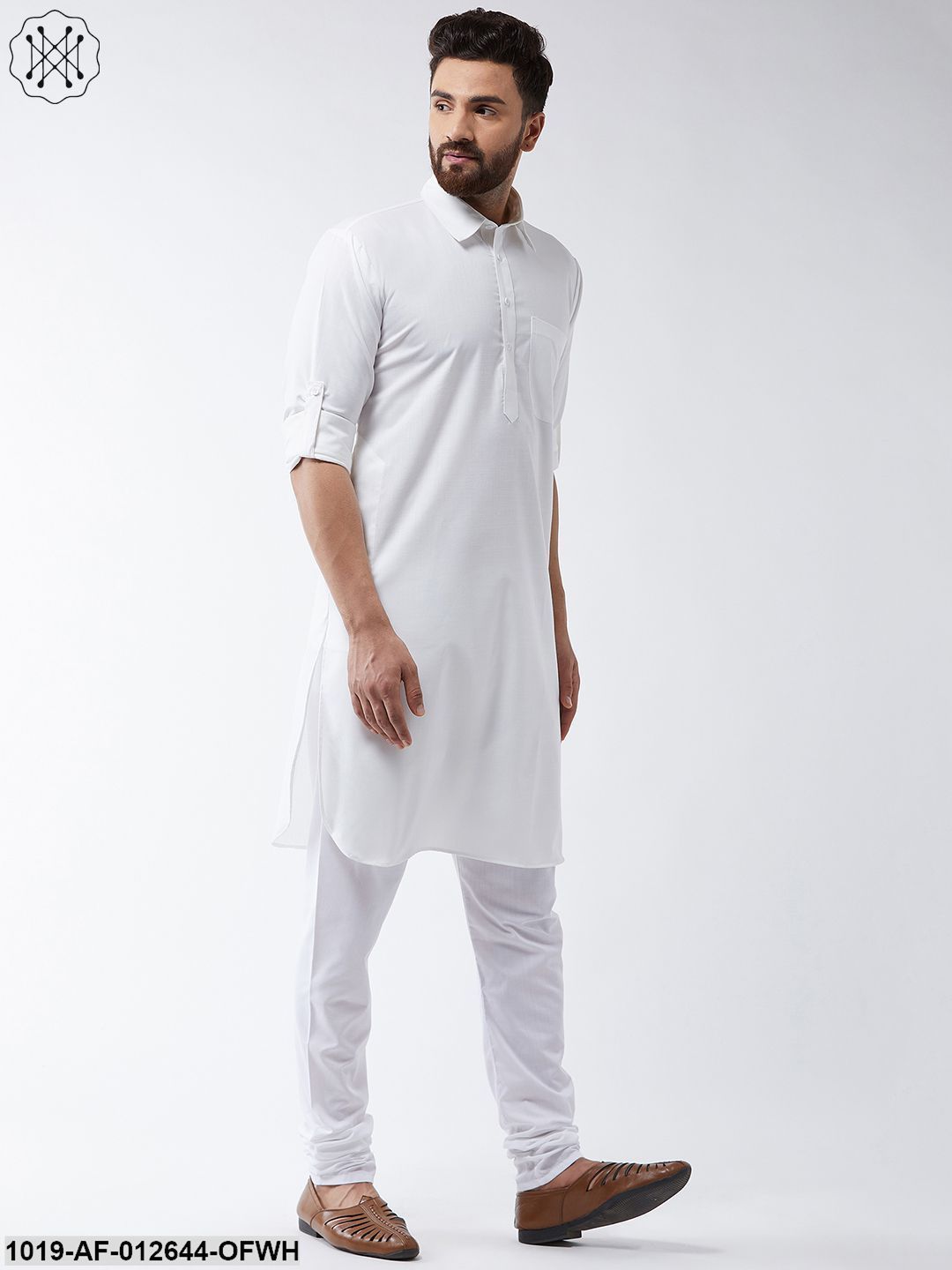 Men's Cotton Off White Solid Pathani Kurta & White Churidar Pyjama Set