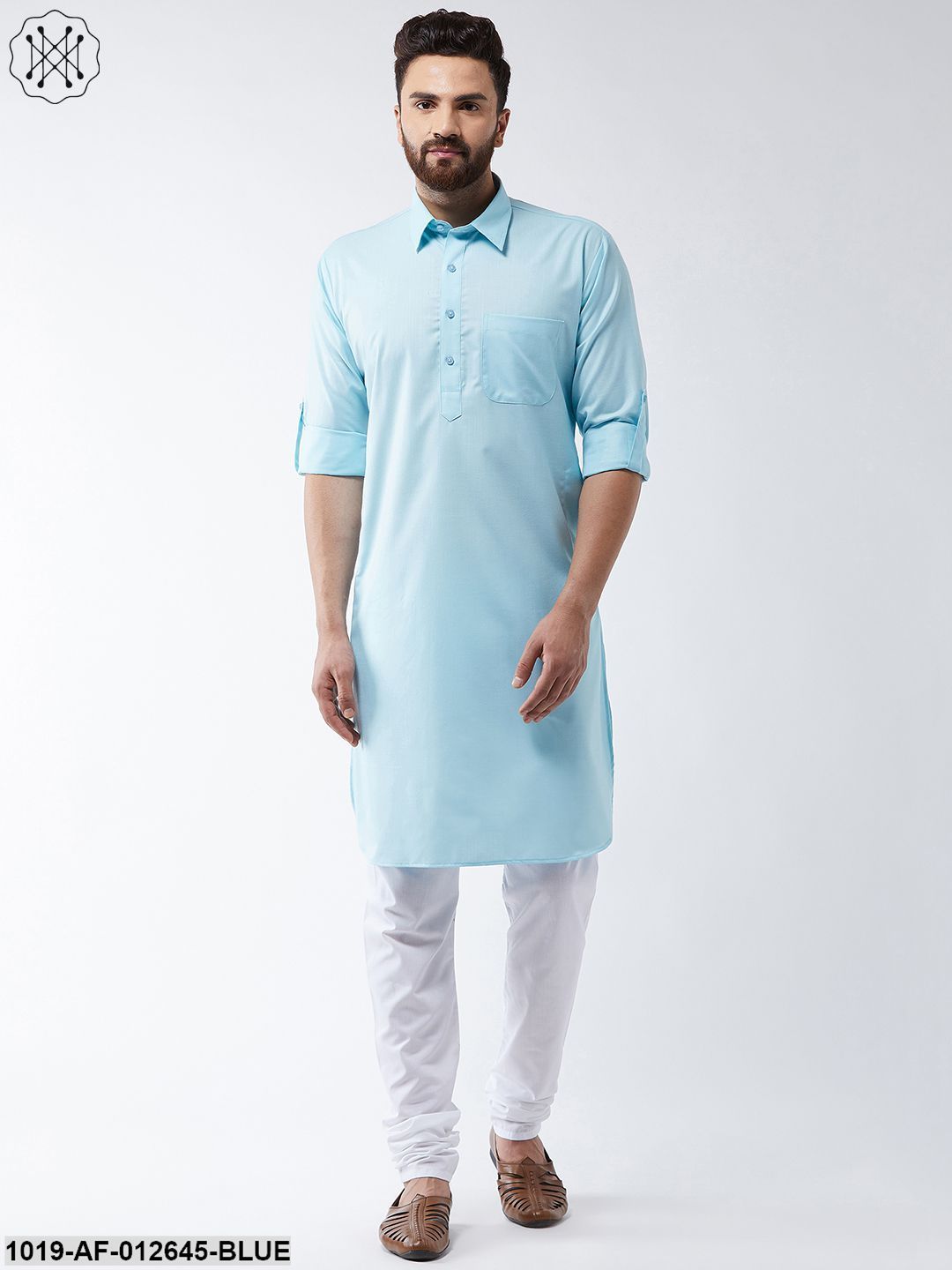 Men's Cotton Sky Blue Solid Pathani Kurta & White Churidar Pyjama Set