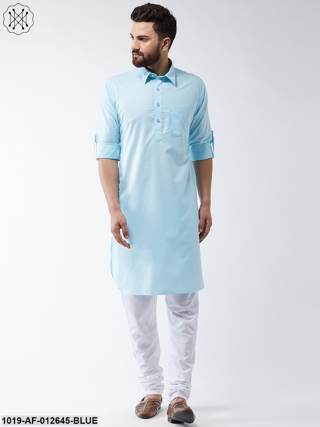 Men's Cotton Sky Blue Solid Pathani Kurta & White Churidar Pyjama Set