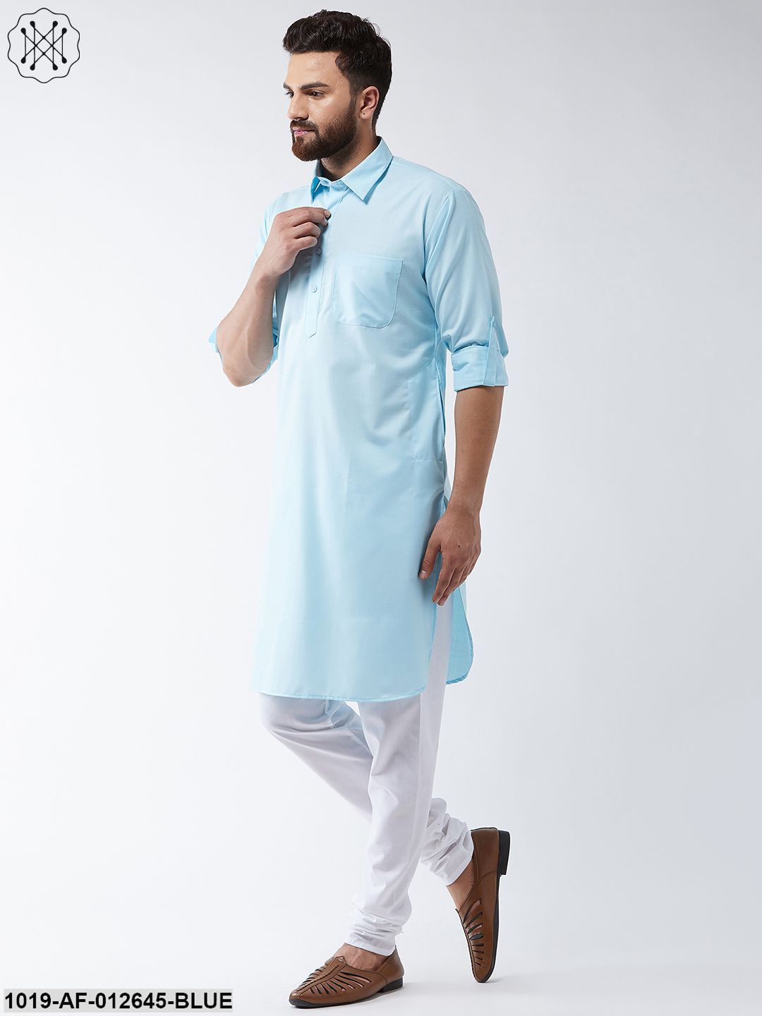 Men's Cotton Sky Blue Solid Pathani Kurta & White Churidar Pyjama Set