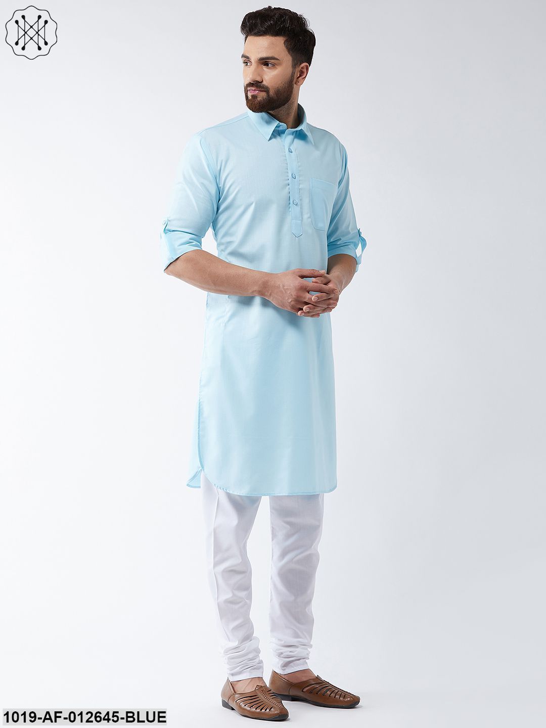 Men's Cotton Sky Blue Solid Pathani Kurta & White Churidar Pyjama Set