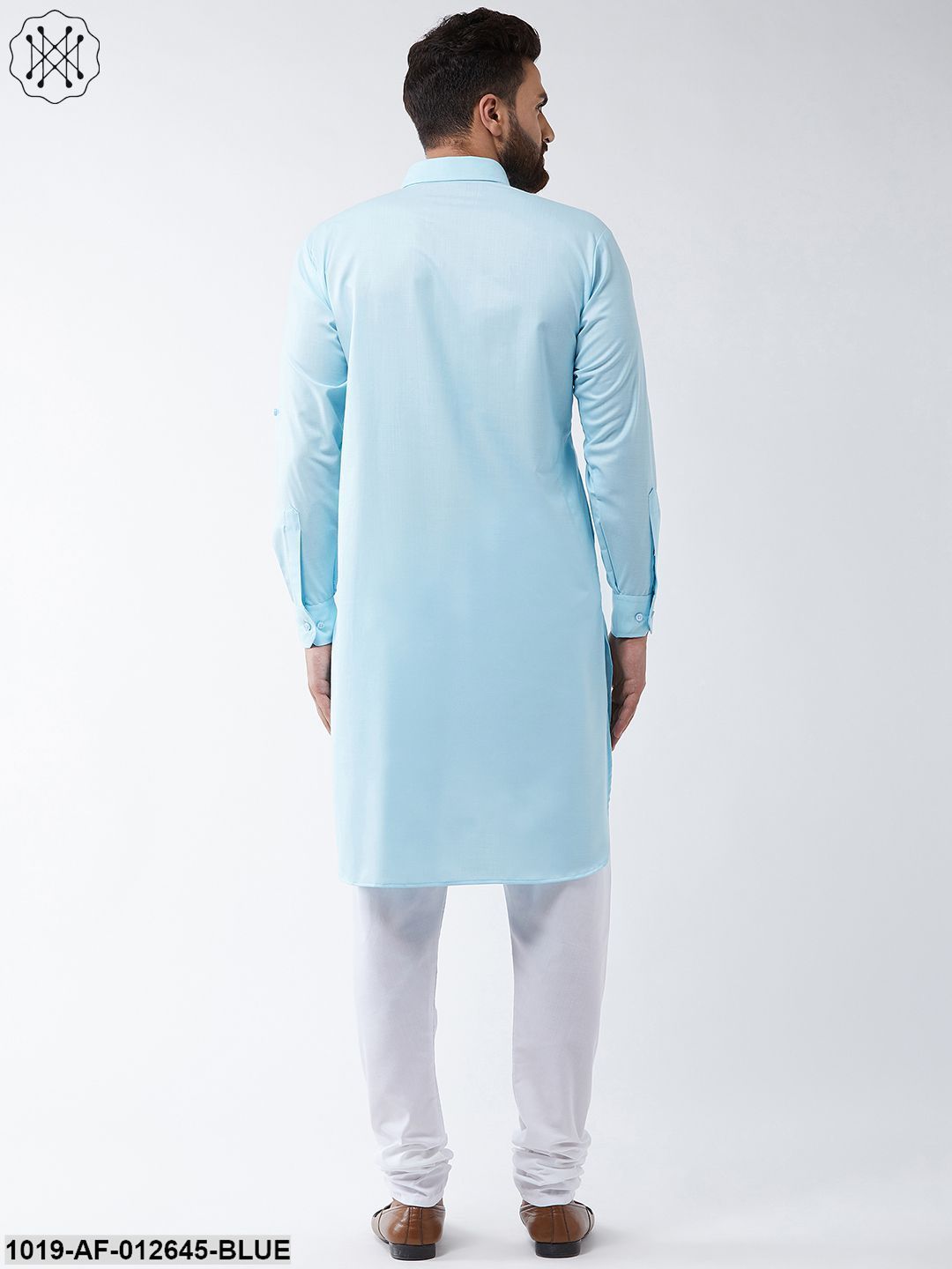 Men's Cotton Sky Blue Solid Pathani Kurta & White Churidar Pyjama Set