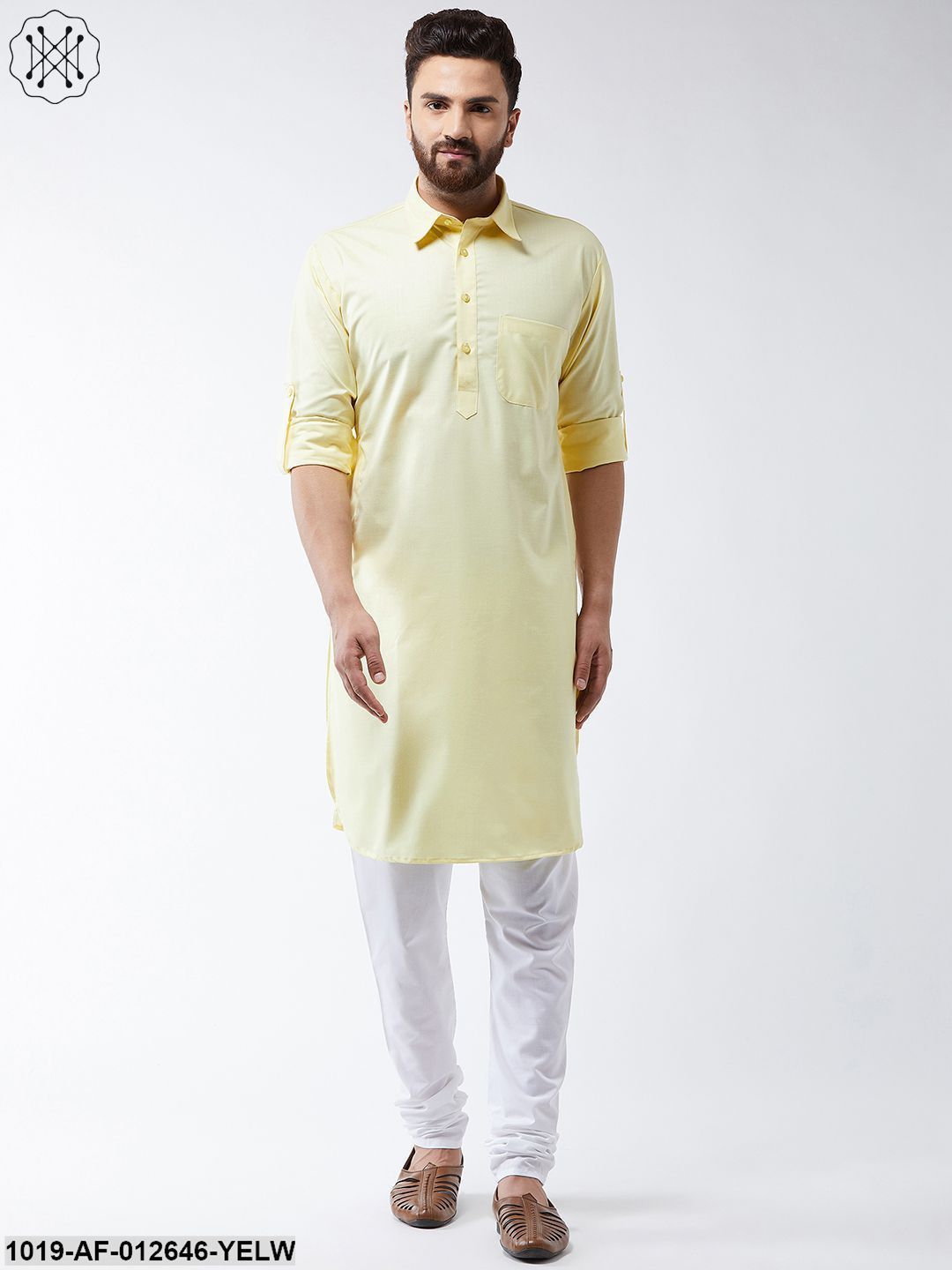 Men's Cotton Lemon Solid Pathani Kurta & White Churidar Pyjama Set