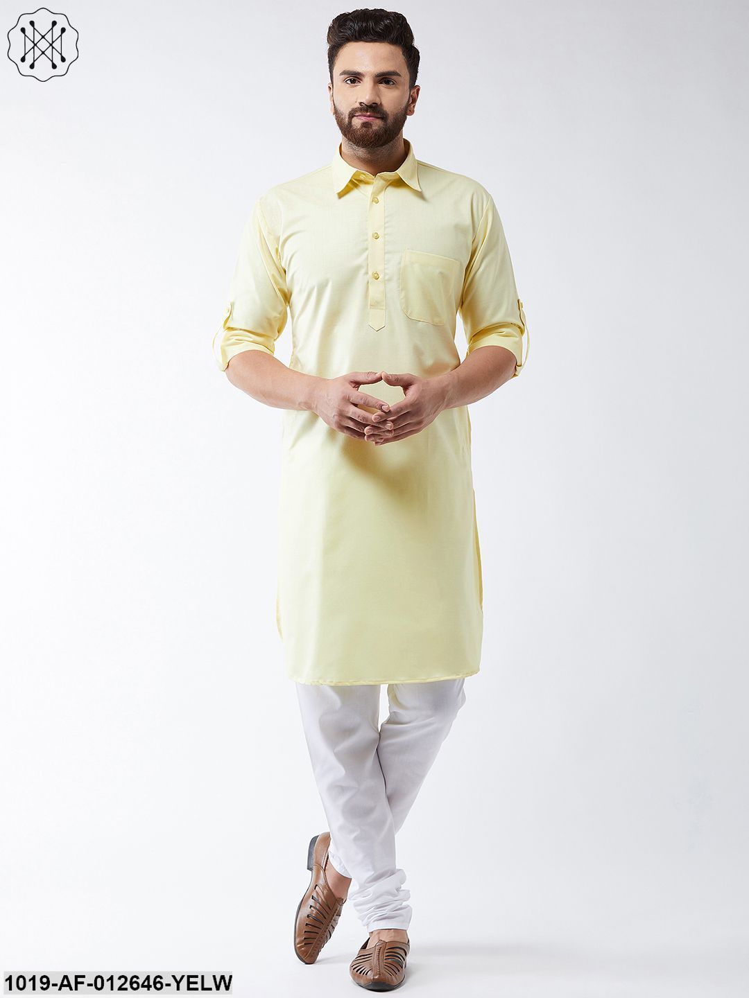 Men's Cotton Lemon Solid Pathani Kurta & White Churidar Pyjama Set
