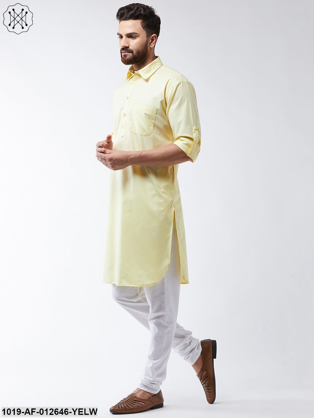Men's Cotton Lemon Solid Pathani Kurta & White Churidar Pyjama Set