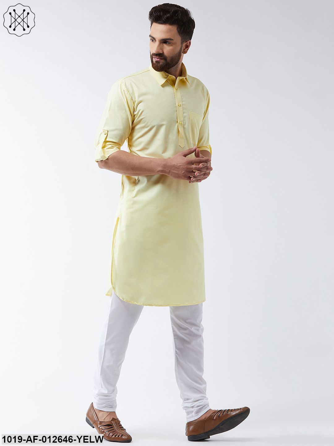 Men's Cotton Lemon Solid Pathani Kurta & White Churidar Pyjama Set