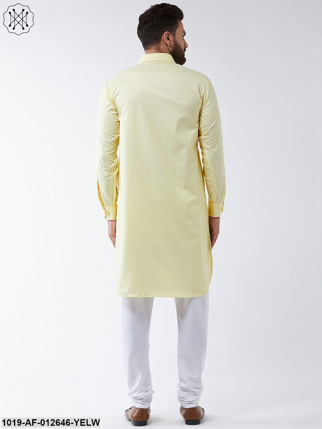 Men's Cotton Lemon Solid Pathani Kurta & White Churidar Pyjama Set