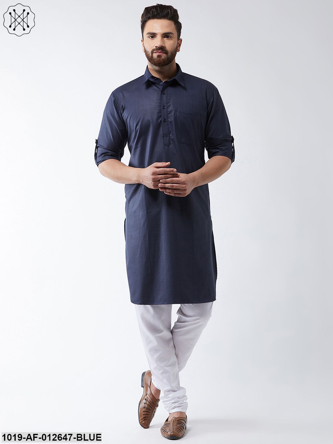 Men's Cotton Navy Blue Solid Pathani Kurta & White Churidar Pyjama Set