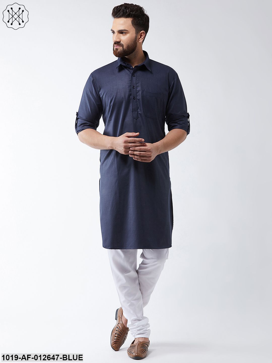 Men's Cotton Navy Blue Solid Pathani Kurta & White Churidar Pyjama Set