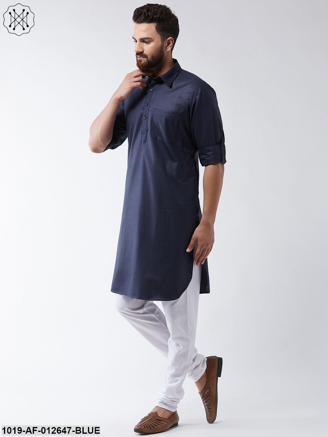 Men's Cotton Navy Blue Solid Pathani Kurta & White Churidar Pyjama Set